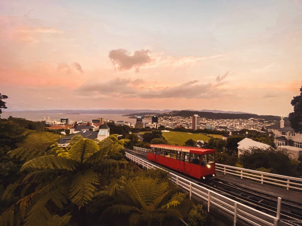 The Wellington cable car descending towards the harbour at sunset